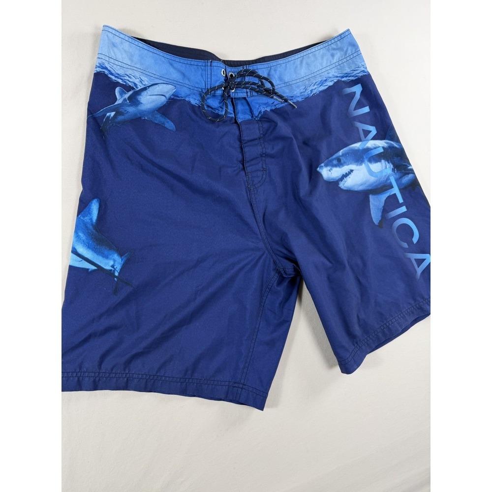 Nautica Mens Board Shorts 38W Blue Shark Print Surf Beach Poolside Swim Trunks